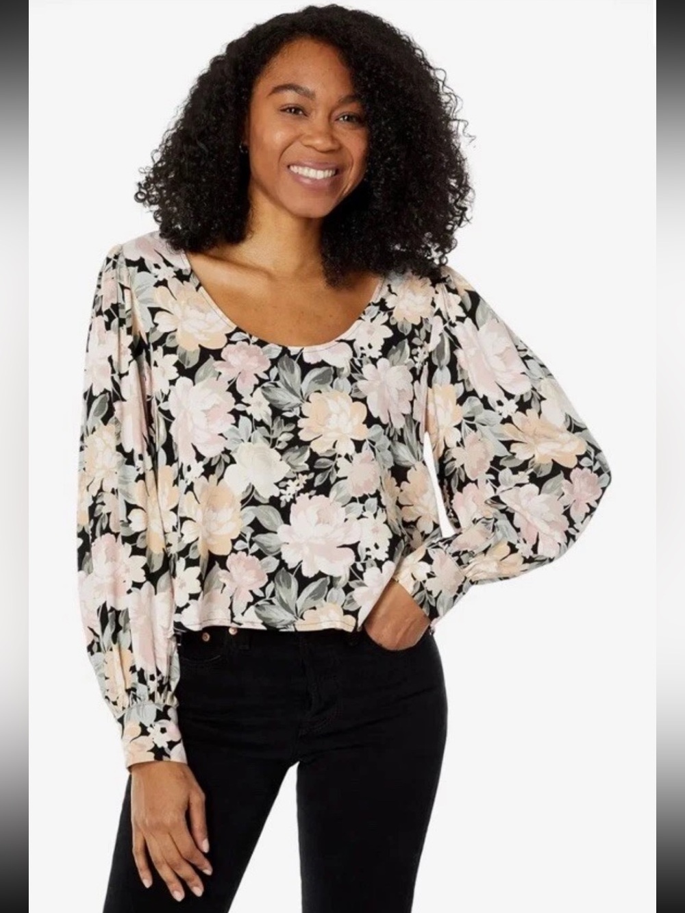 Saltwater LUXE Floral Scoop Neck Long Sleeve Top in Black and Blush